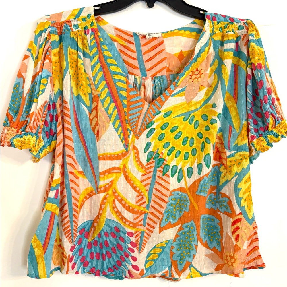 Christian Siriano Women's Cropped Blouse Top Sz Large Boho Floral Smocked Rayon